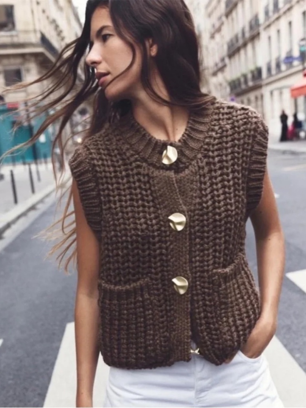 ZARA Chunky Knit Vest with Gold Buttons